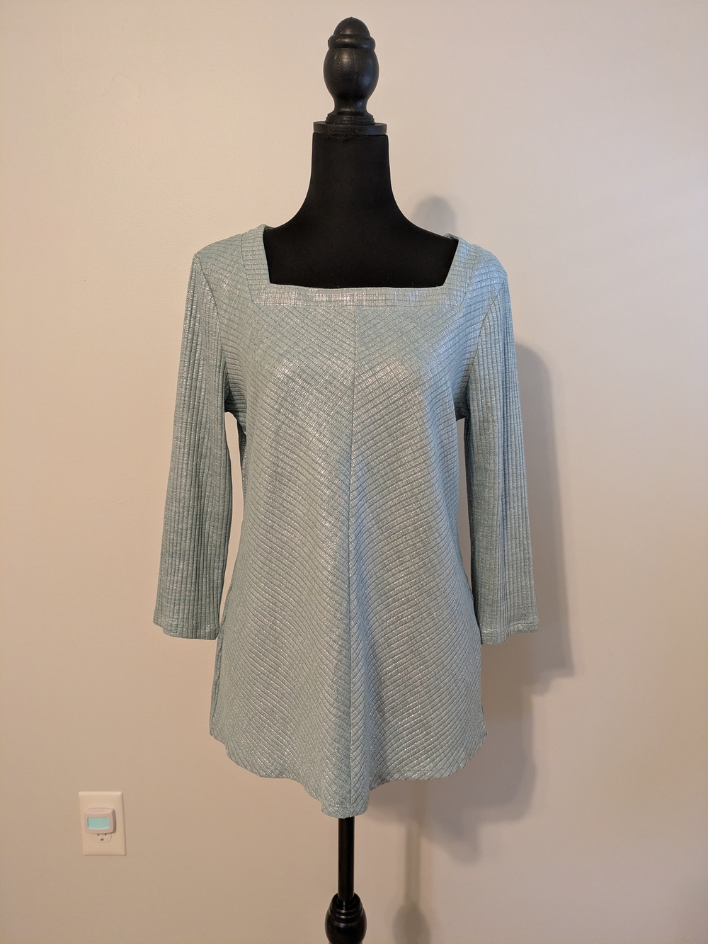 JM Collection Square Neck Metallic Top Size M Ribbed Textured 3/4 Sleeves Tunic